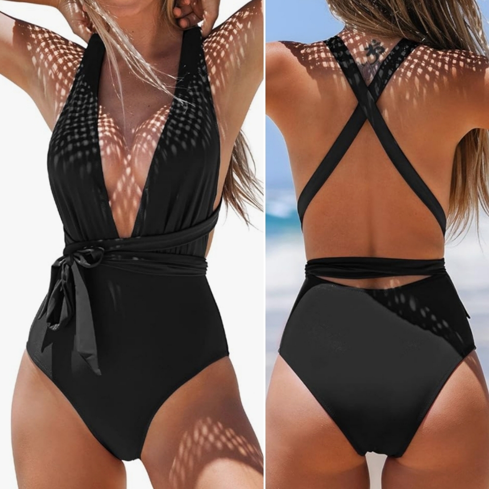 Sexy Black Plunge Deep V-Neck Crisscross Back One Piece Bathingsuit / Swimwear L